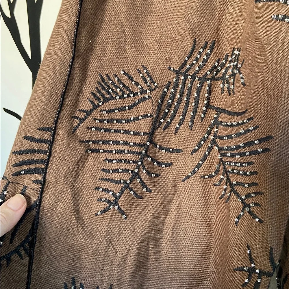 NWOT Zara ZW Collection embroidered hemp wide leg chocolate brown pants